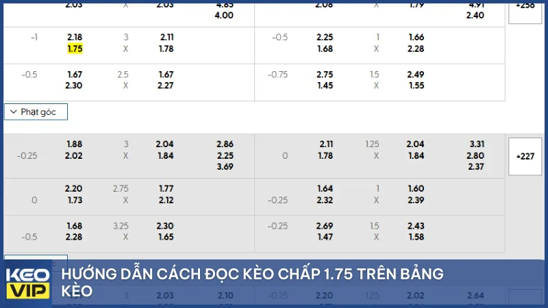 Hướng dẫn cách đọc kèo chấp 1.75 trên bảng kèo