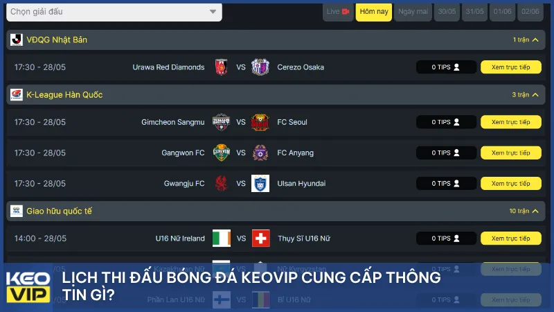 Lịch thi đấu bóng đá Tylekeovip cung cấp thông tin gì?