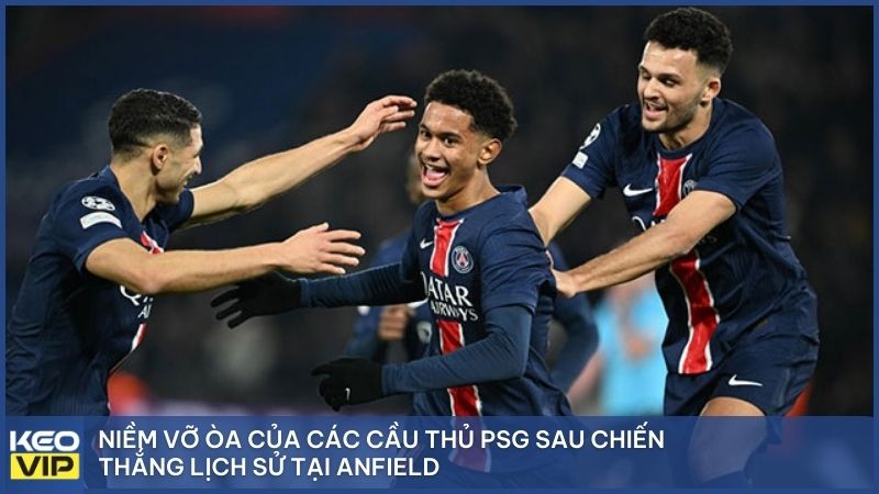 Niềm vỡ òa của các cầu thủ PSG sau chiến thắng lịch sử tại Anfield